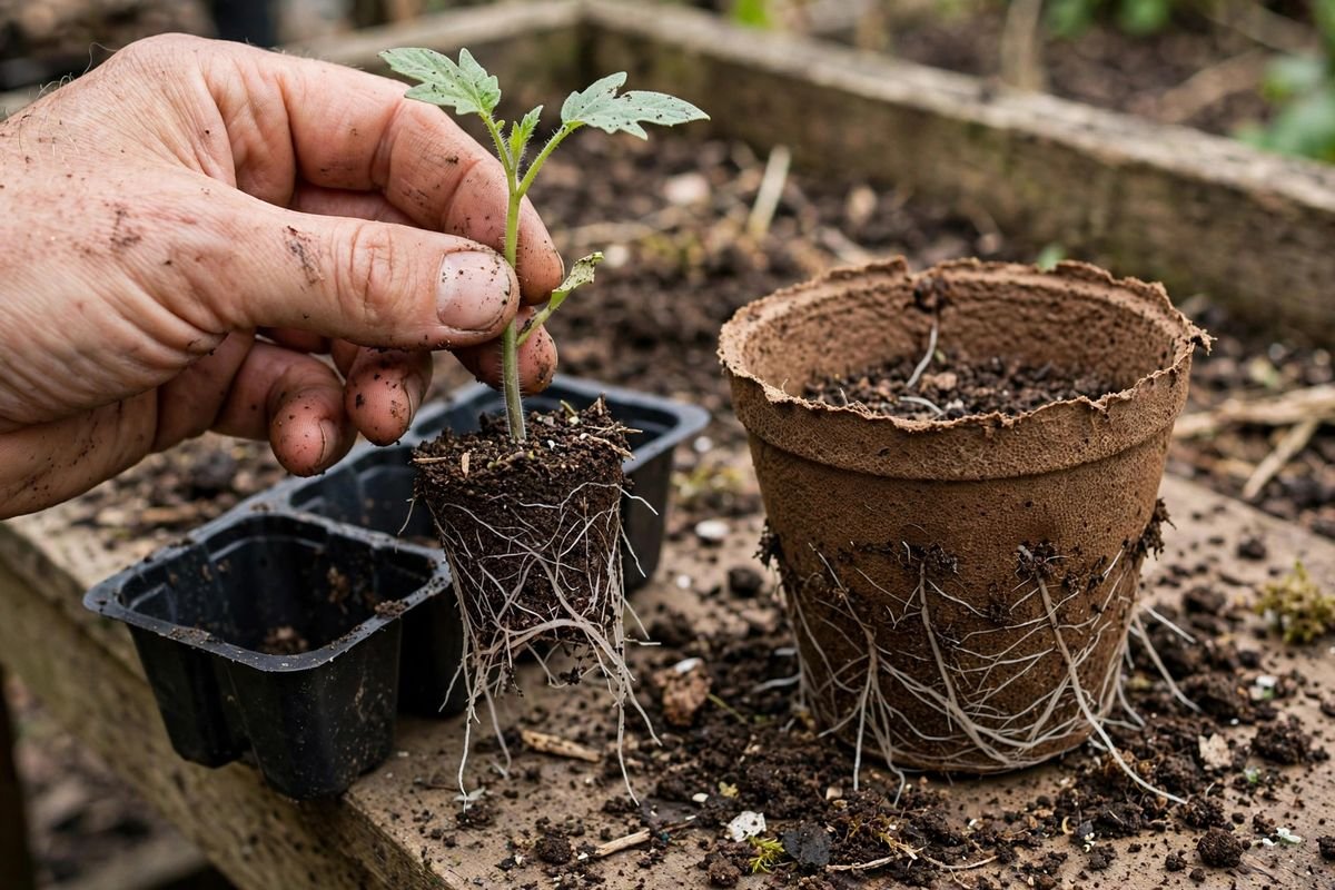 A gardener holding a tomato seedling with white roots in an intact soil ball next to a peat pot with roots growing through its fiber walls