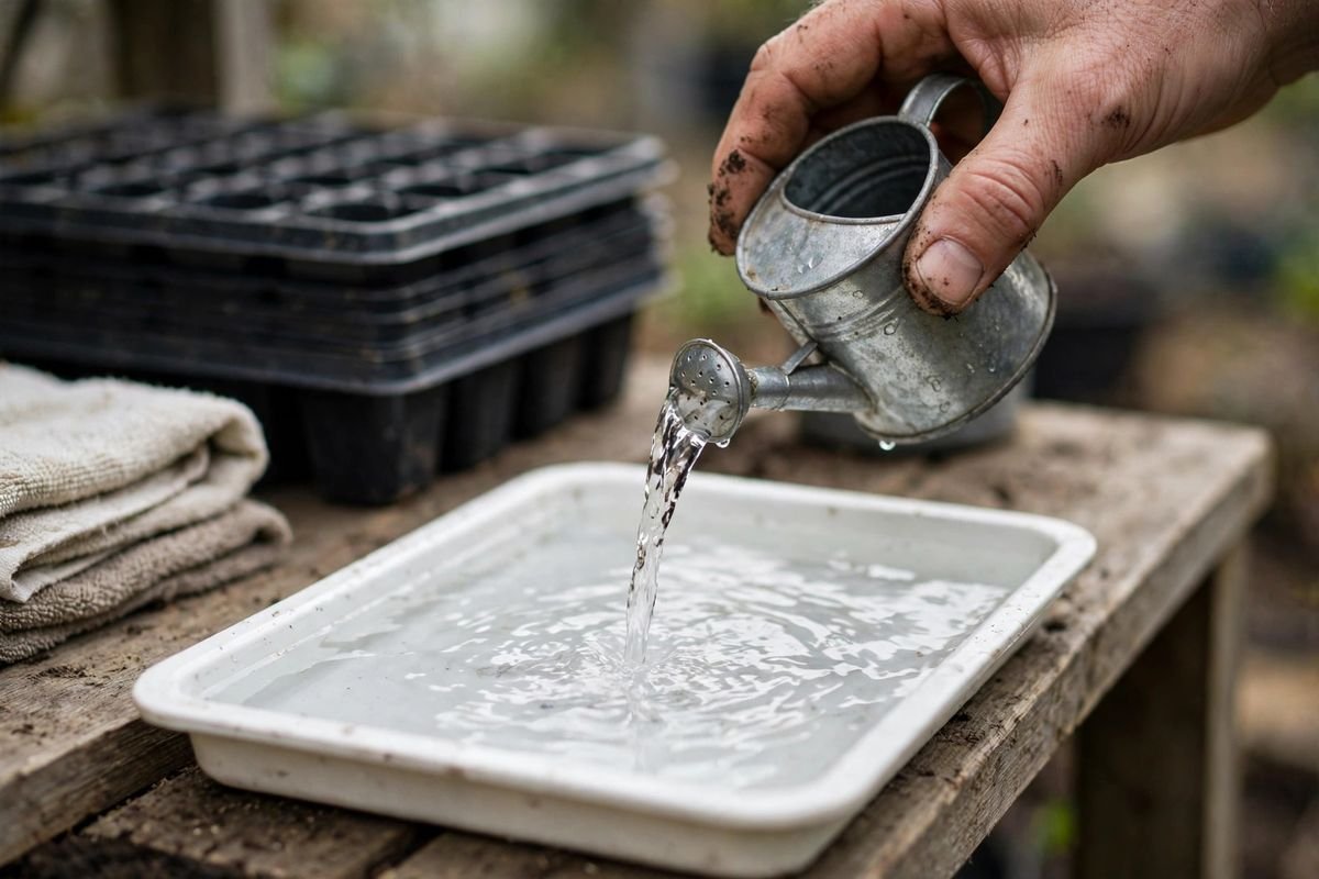 A gardener pouring water from a small watering can into an empty shallow white tray to about half an inch deep