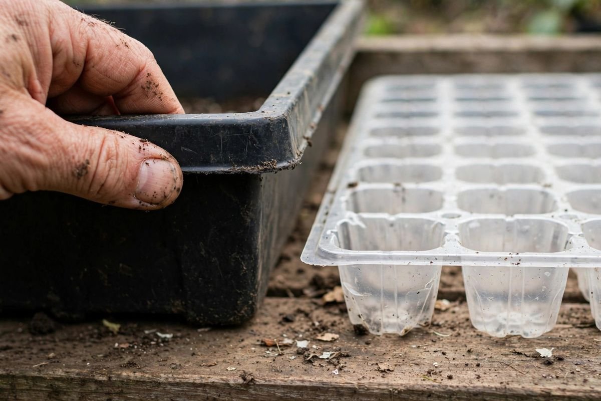 A gardener's hand holding the thick edge of a rigid reusable seed tray beside the thin edge of a flimsy disposable tray