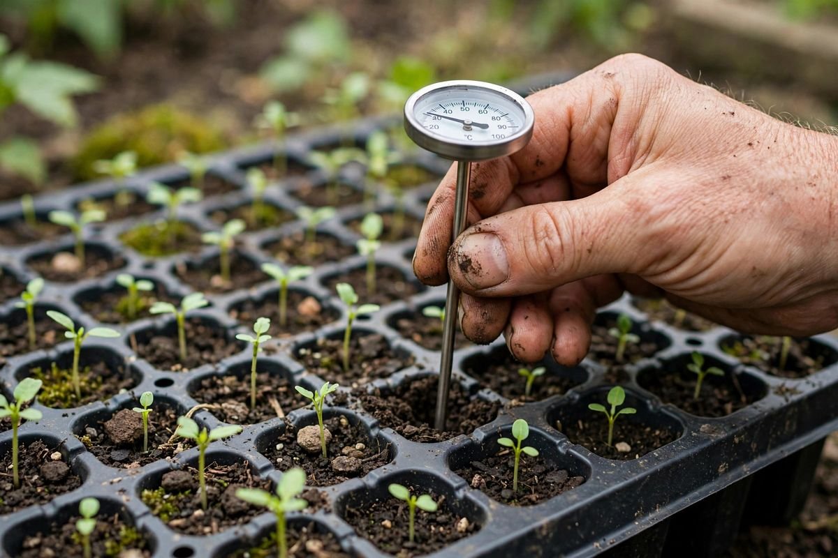 A gardener's hand inserting a metal soil thermometer probe into a cell of a seedling tray