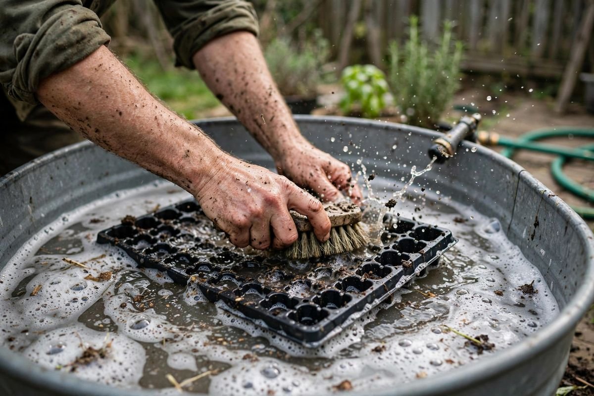 Gardener's hands scrubbing a black seed-cell tray with a stiff brush in a tub of hot soapy water, with suds and loose soil visible