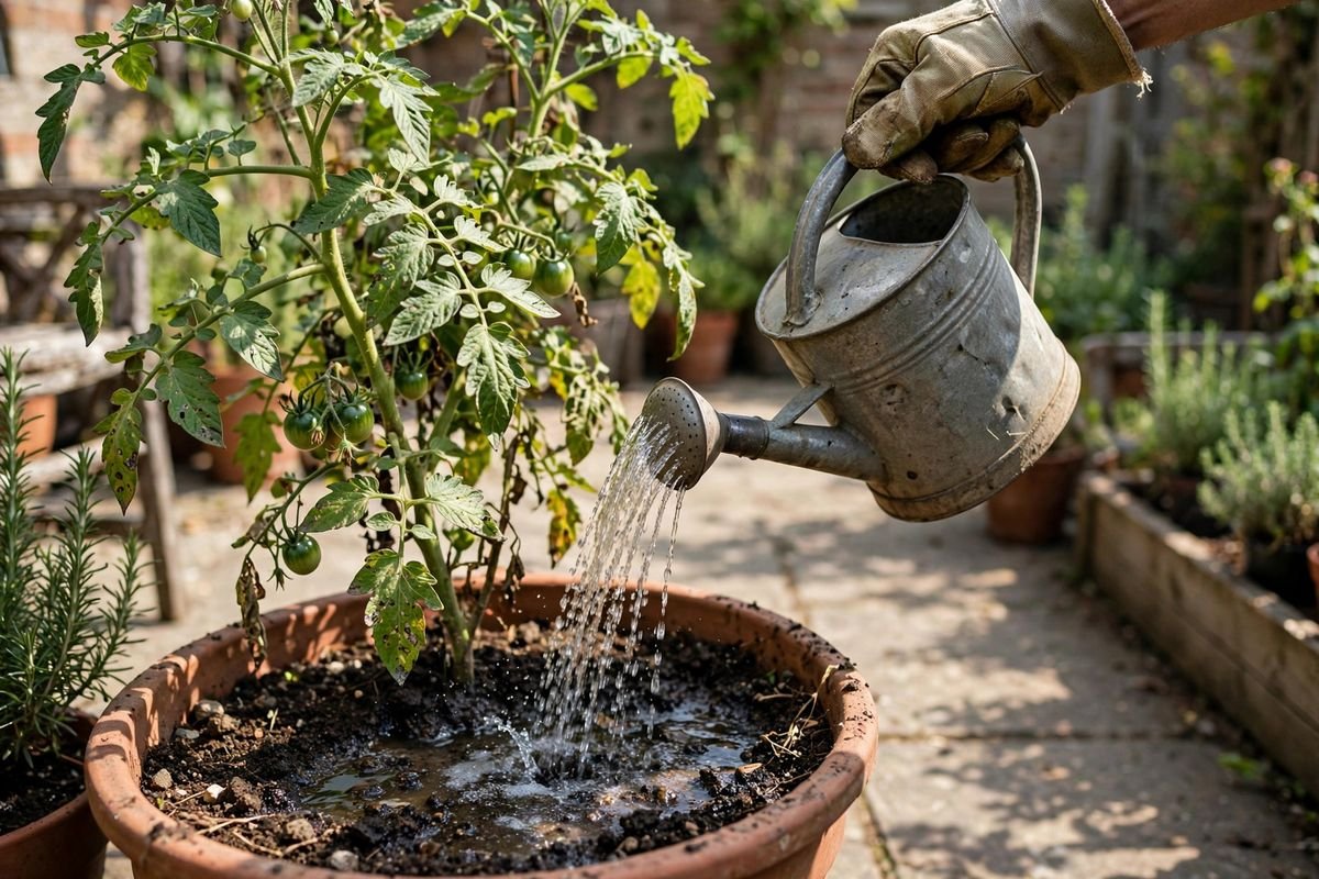 Hand pouring water from a metal watering can onto the soil of a potted tomato plant on a sunny patio