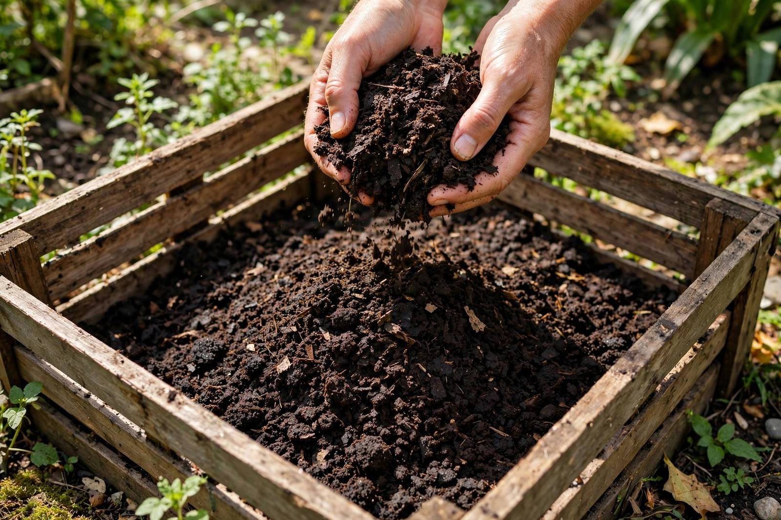 Illustration: Hands holding dark crumbly finished compost over a wooden compost bin