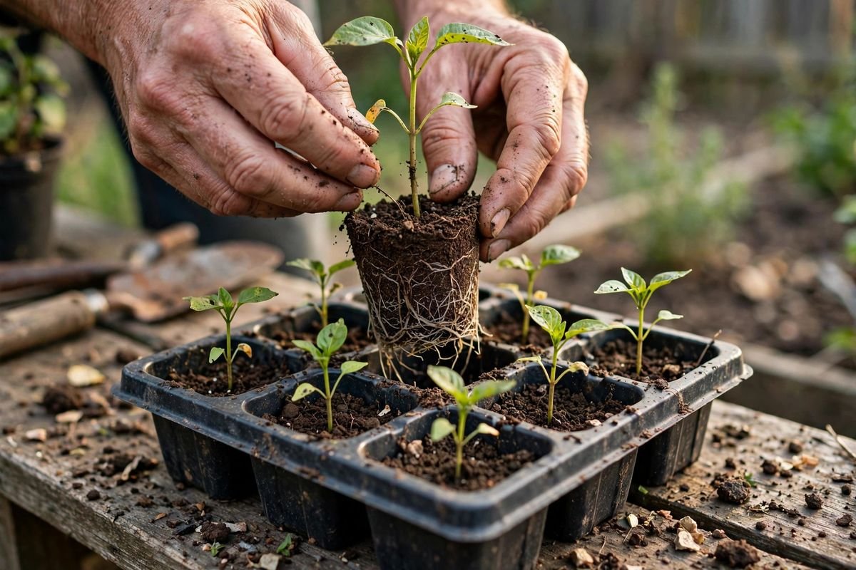 Hands lifting a pepper seedling from a cell tray, showing a dense healthy root ball
