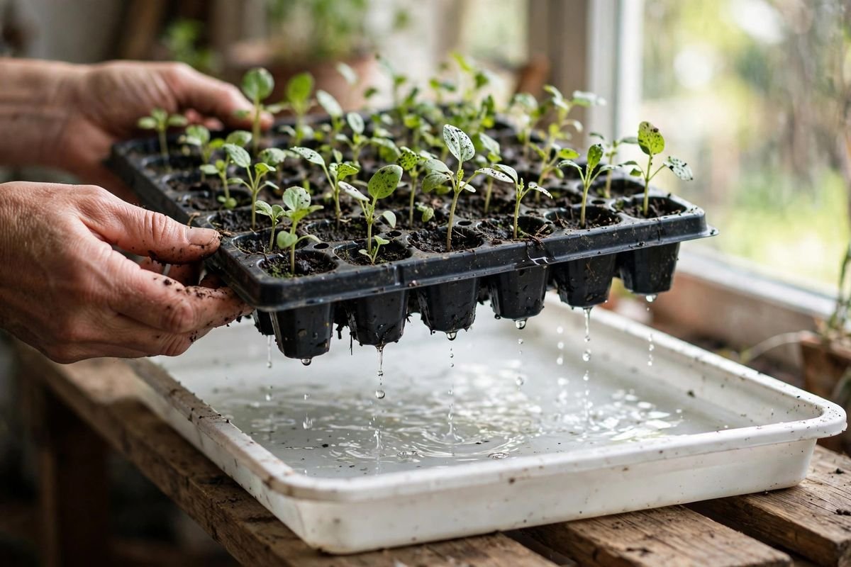 Hands lifting the seedling tray out of the water tray with droplets dripping from the drainage holes