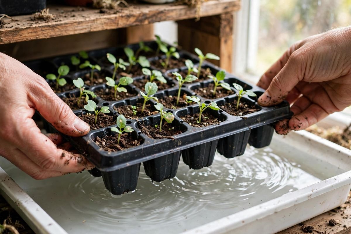 Hands lowering a black cell tray of small green seedlings into a shallow white tray of water