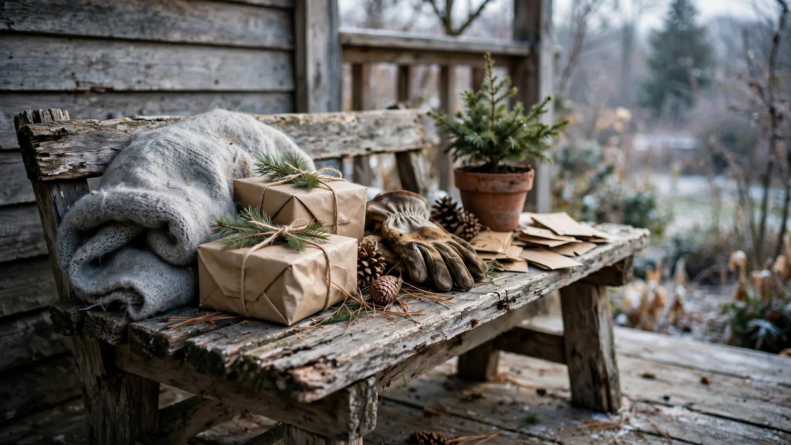 Illustration: Christmas garden gifts scene.