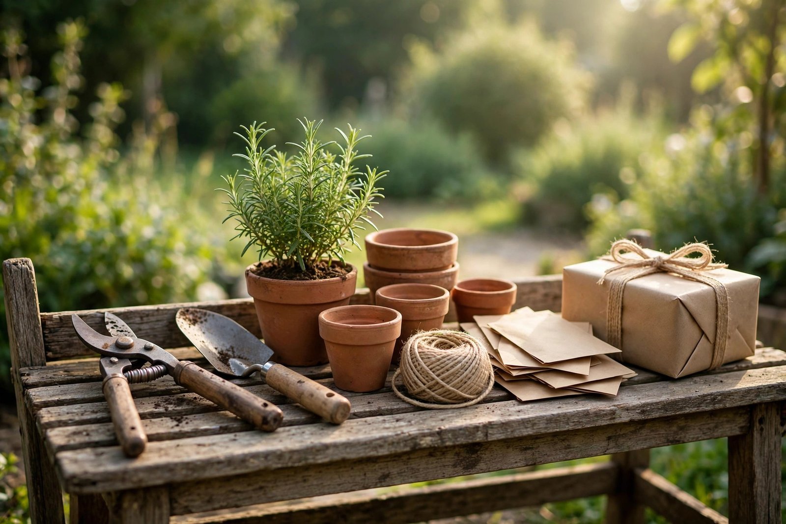 Gardening tools arranged as gifts on a wooden potting bench - pruners, trowel, terracotta pots, seed packets, twine, and a kraft-paper gift box