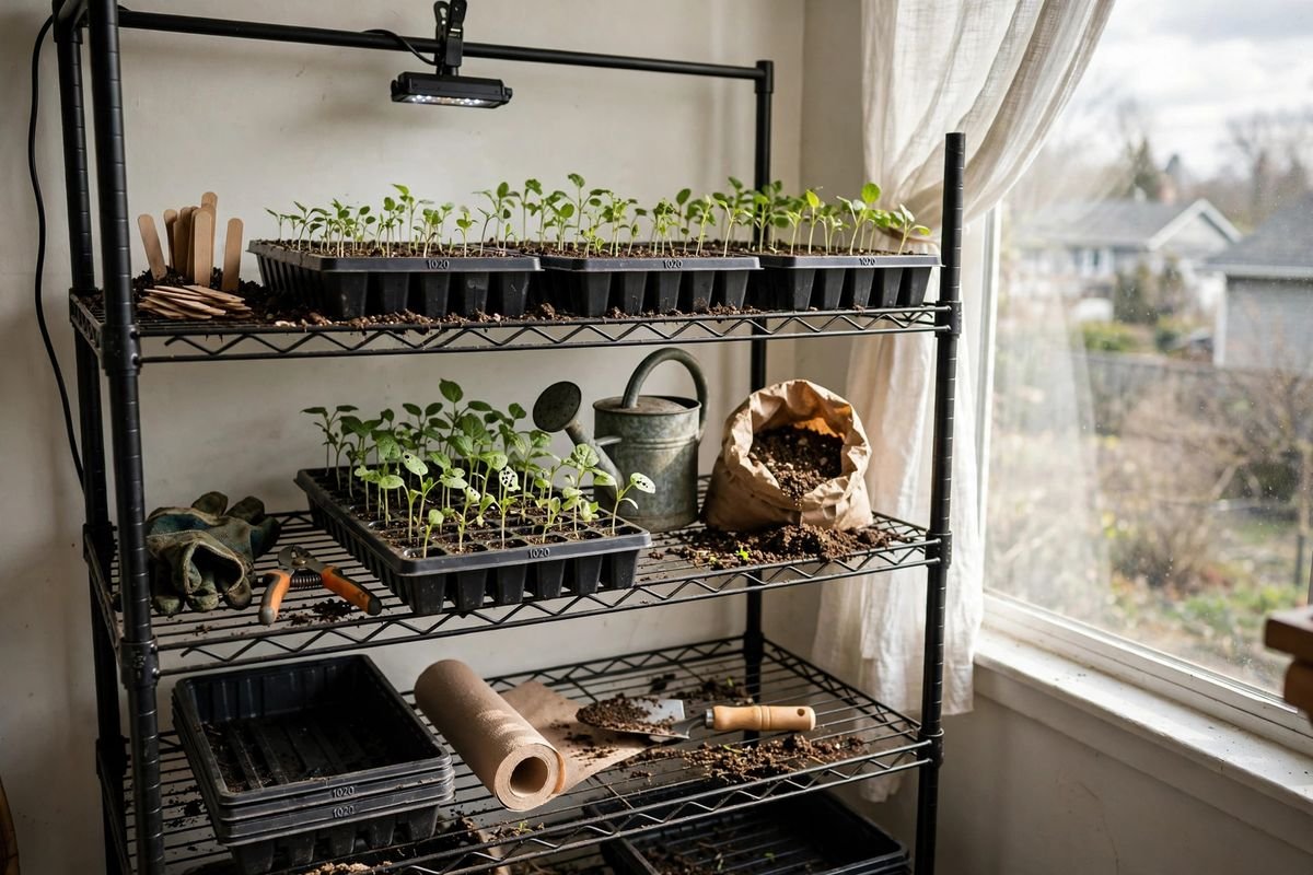 A home seed-starting station on a metal shelf near a window, with 1020 trays of seedlings in different cell sizes, a grow light, watering can, and handwritten plant labels