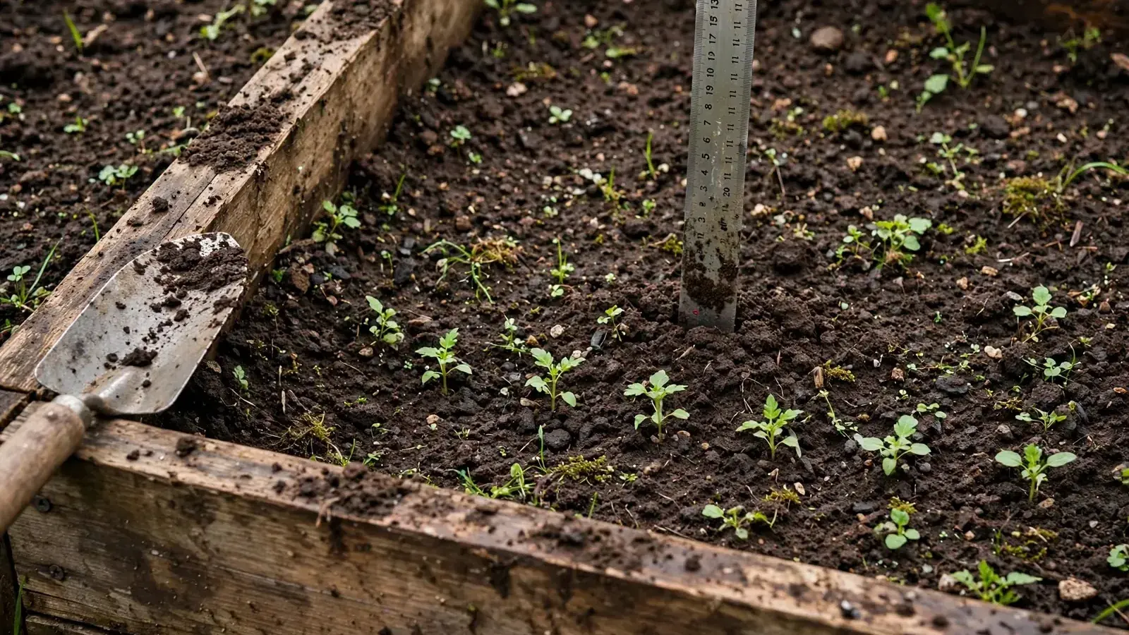 Illustration: a ruler pushed into dark soil in a raised bed to measure soil depth, with seedlings and a trowel nearby