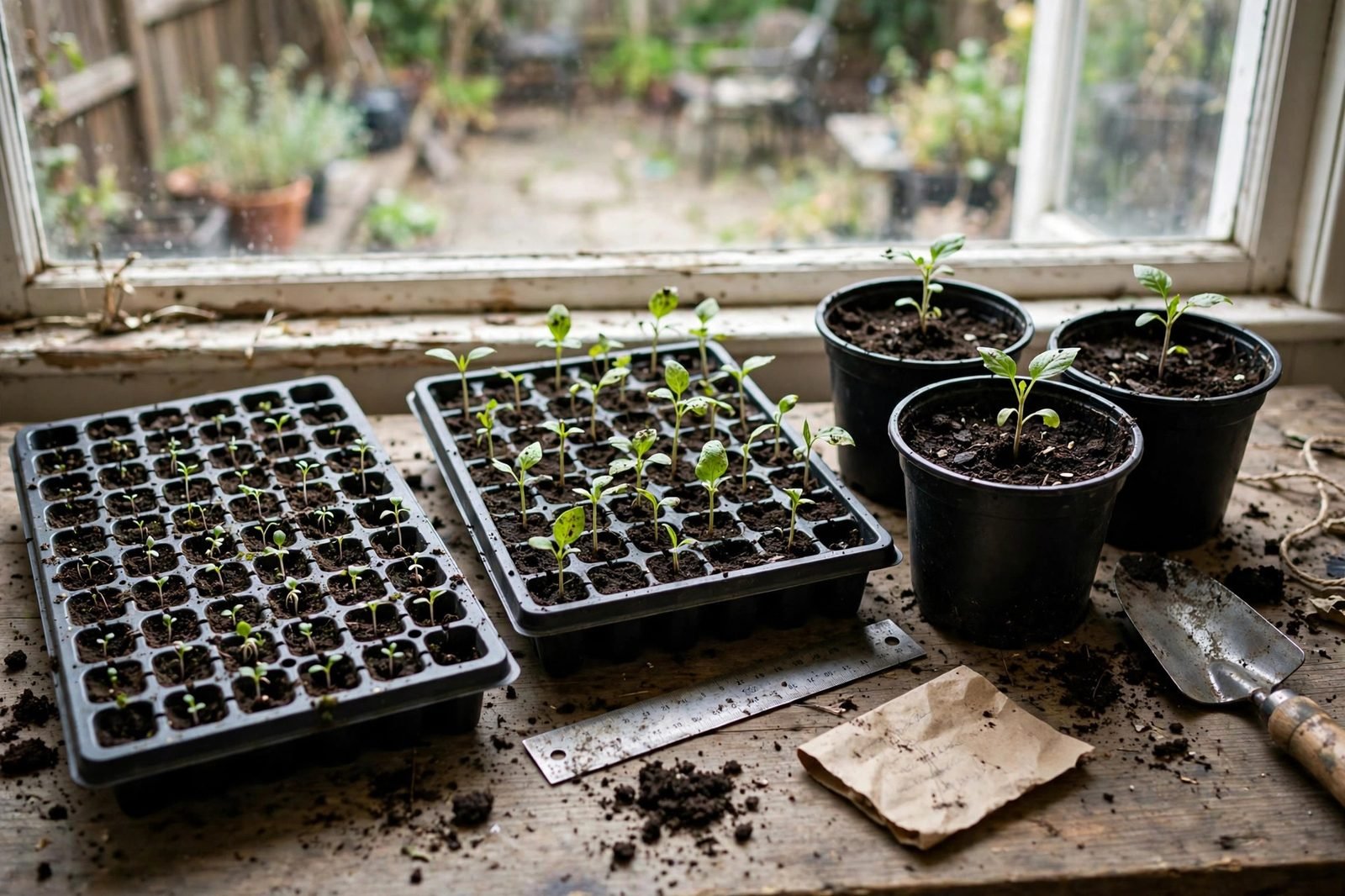 Seed-starting station by a bright window with trays of different cell depths, a ruler, and soil crumbs on a wooden table