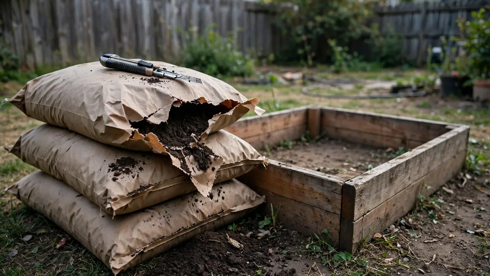 Illustration: stacked bags of soil, one torn open, beside an empty wooden raised bed frame
