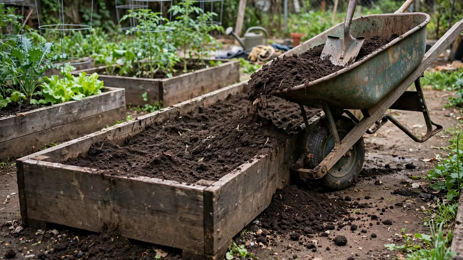 Illustration: soil being tipped from a wheelbarrow into a long wooden raised bed in a vegetable garden