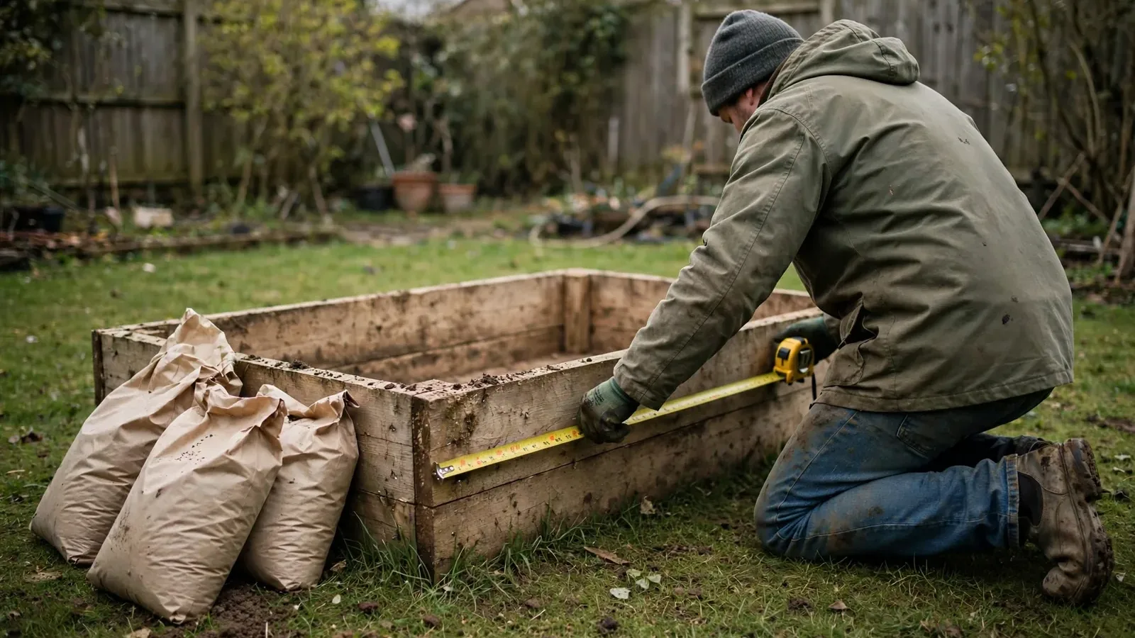 Illustration: a gardener measuring the side of an empty wooden raised bed with a yellow tape measure, with bags of soil stacked nearby
