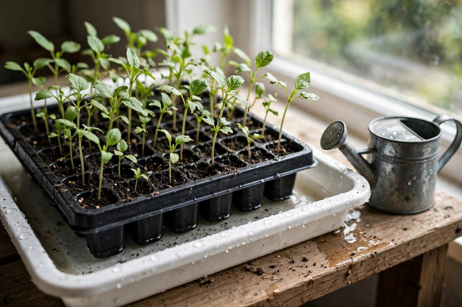 Black cell tray of healthy green seedlings soaking in a shallow white water tray beside a watering can