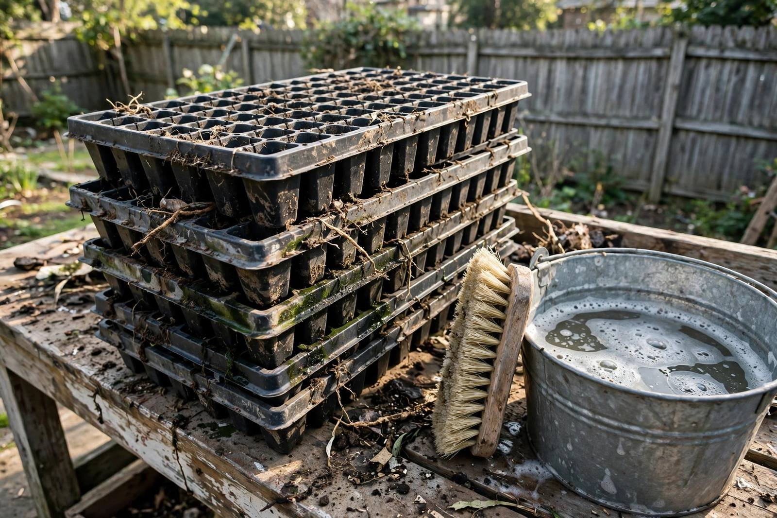 Stack of used dirty seed-starting trays on a potting bench with a scrub brush and a bucket of soapy water, backyard fence behind