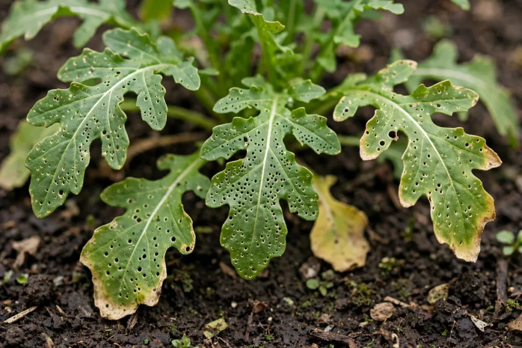 Deeply lobed arugula leaves covered in small round flea-beetle shot holes with yellowing leaf edges