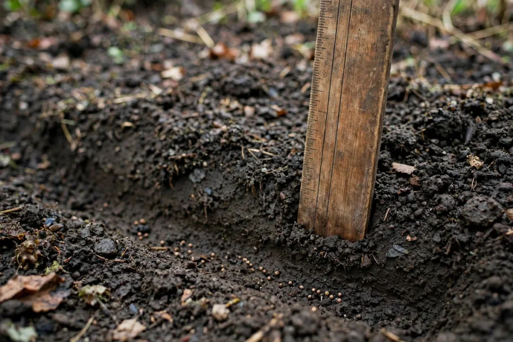 Wooden ruler pressed into dark soil showing a shallow furrow with tiny arugula seeds scattered along it