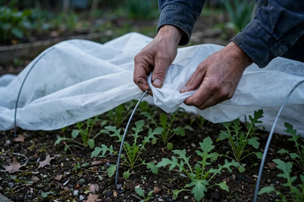 Hands tucking white floating row-cover fabric over wire hoops above a bed of young arugula plants at dusk