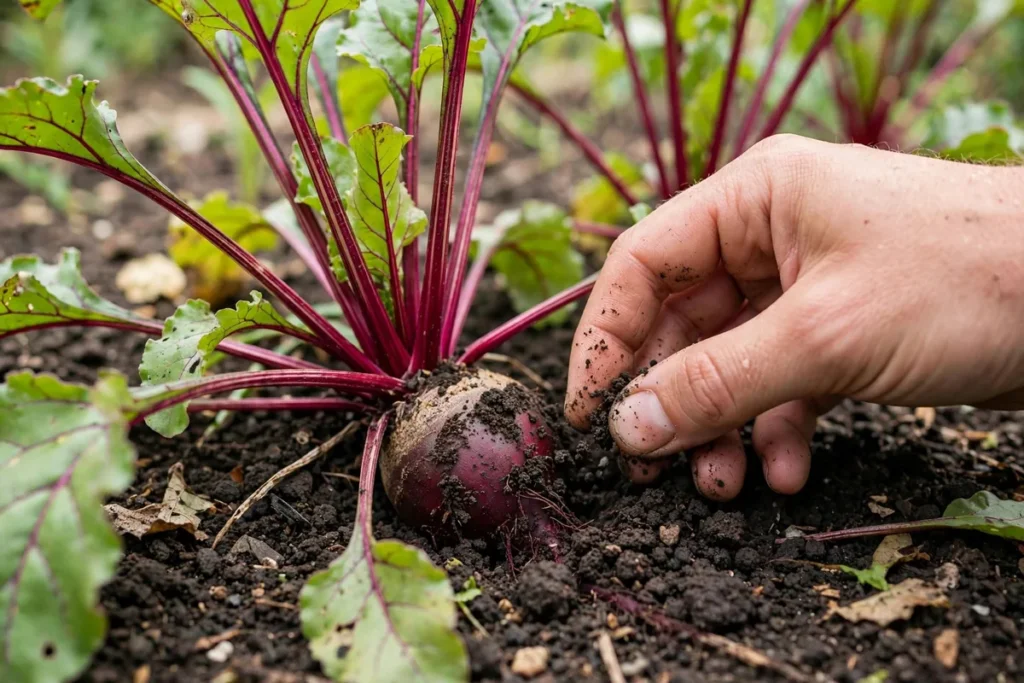 Fingers loosening soil around the red-purple shoulder of a young beet root.
