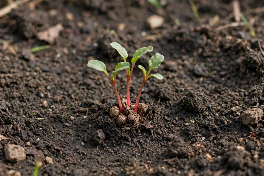Three beet seedlings sprouting from a single seed cluster in dark soil.
