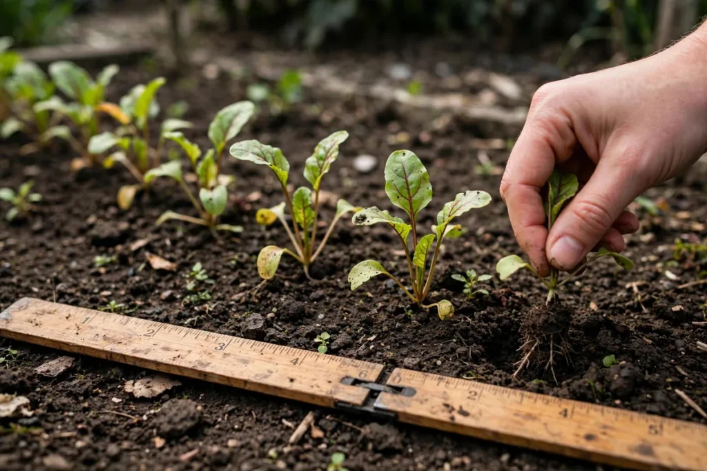 Wooden ruler showing three-to-four-inch spacing between young beet seedlings while a hand thins the row.