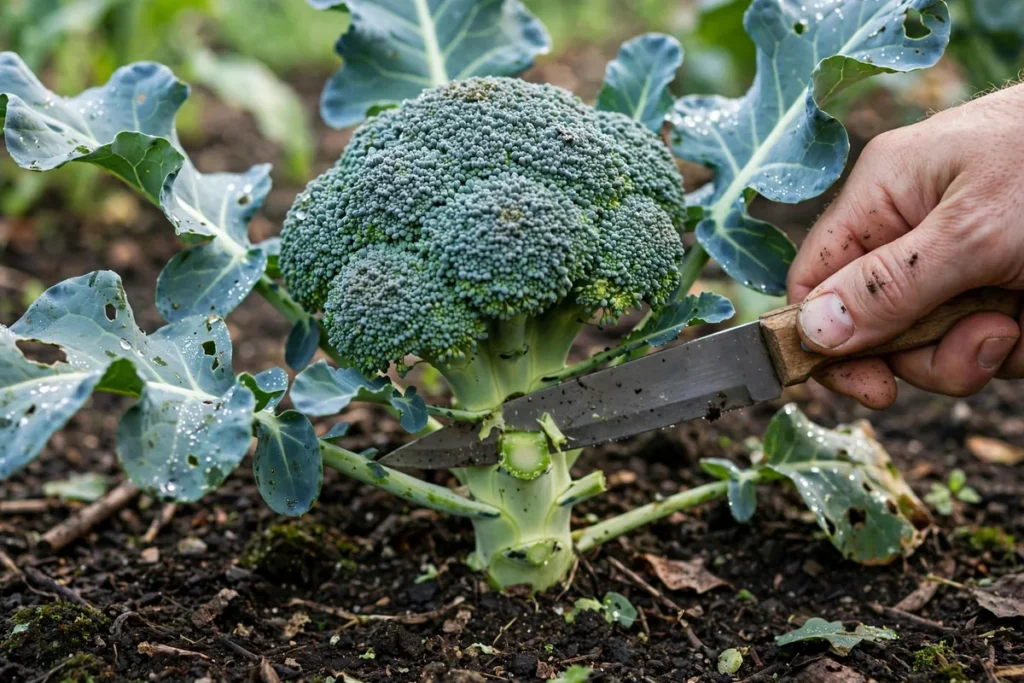 Hand cutting a central broccoli head at the stem with a knife.
