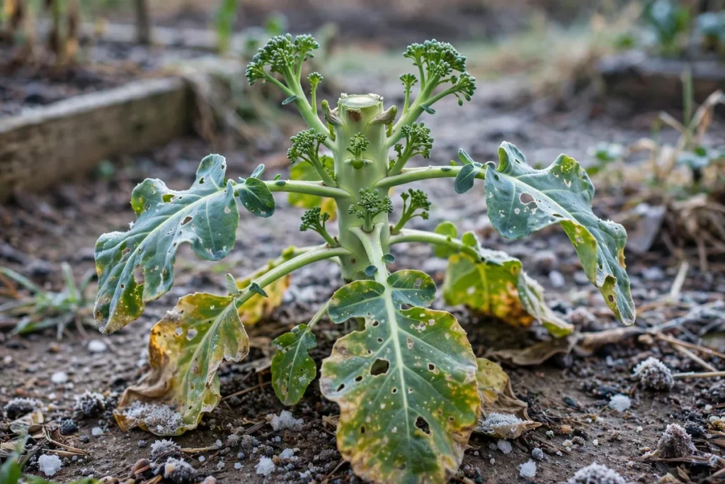Small broccoli side shoots sprouting after the central head was harvested, with worn leaves.