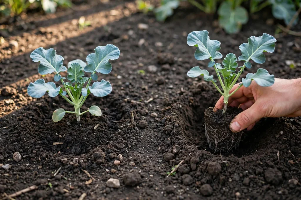 Two young broccoli transplants in dark garden soil, a gardener's hand holding one seedling with its root ball exposed.