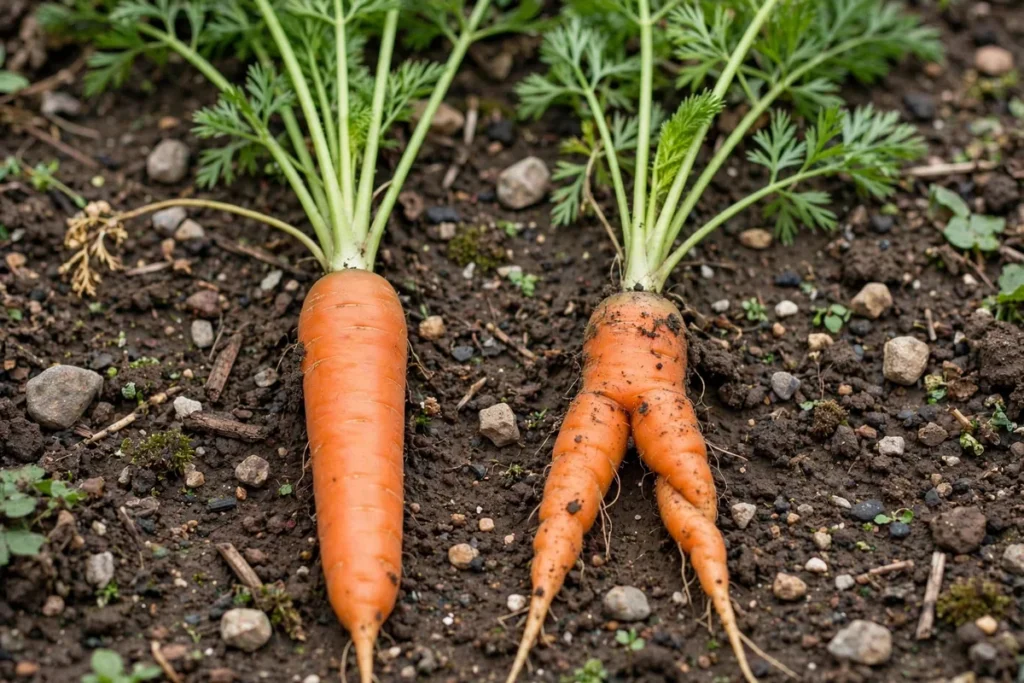 Illustration: A straight carrot beside a forked carrot on dark soil, both with feathery green tops.