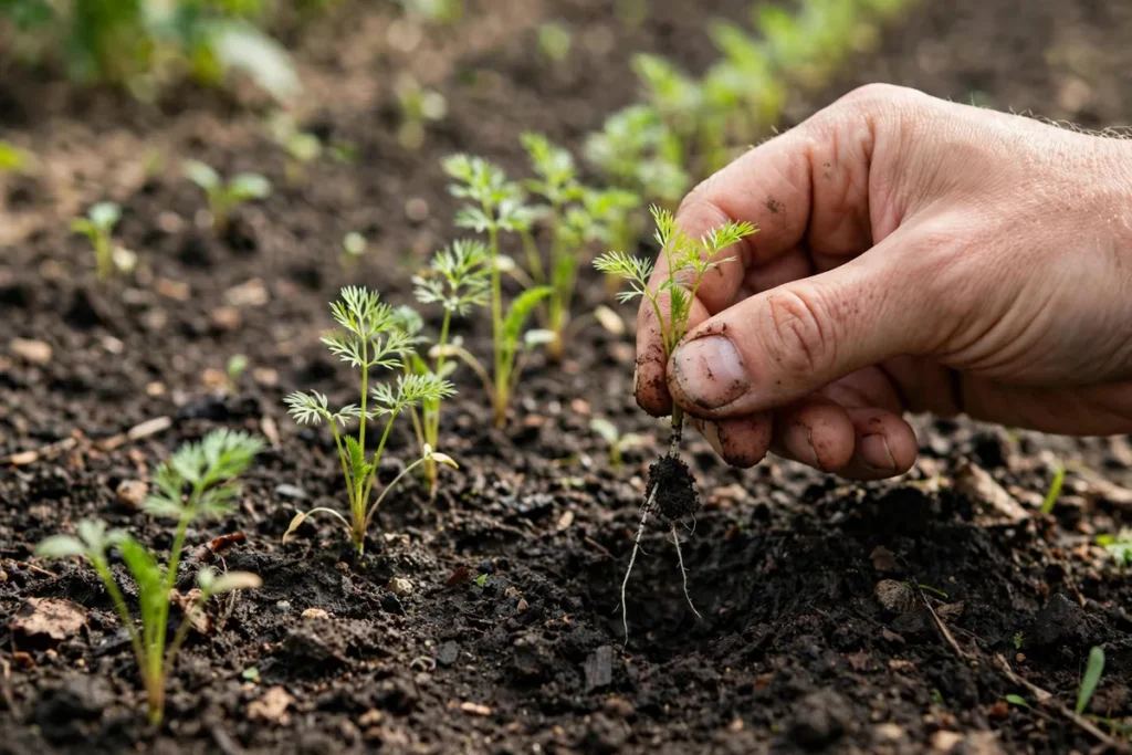 Illustration: Fingers pulling a tiny carrot seedling with feathery tops to thin the row.