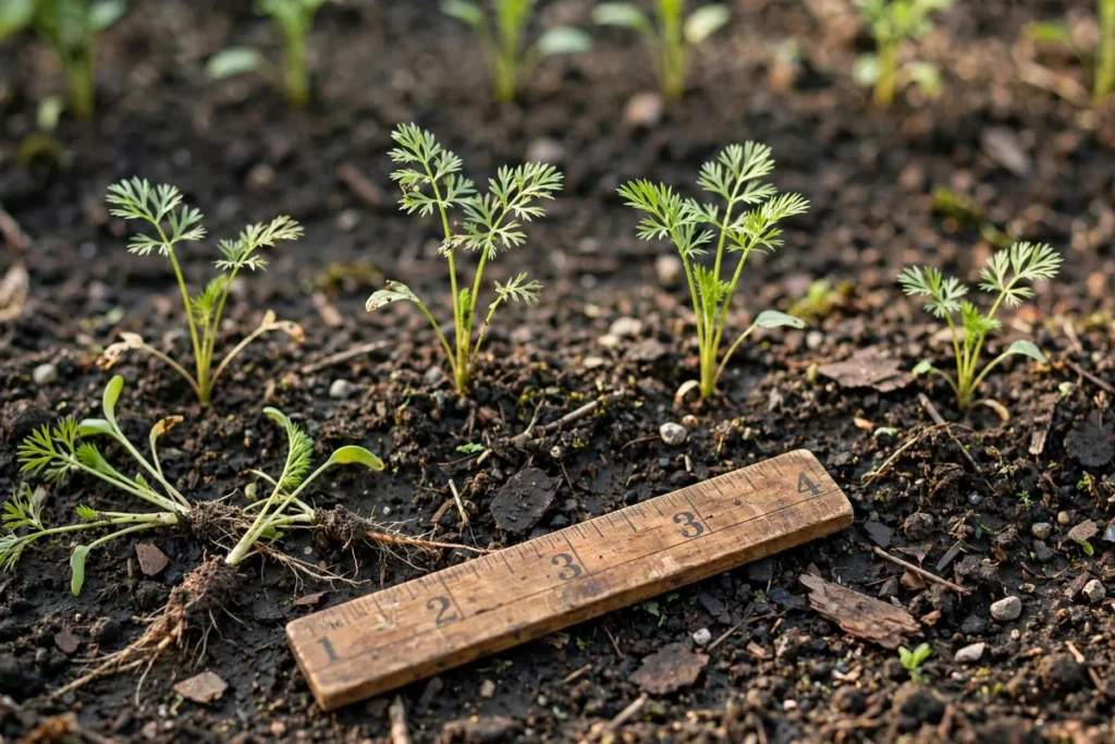 Illustration: Wooden ruler in dark soil showing two-inch spacing between thinned carrot seedlings with feathery tops.