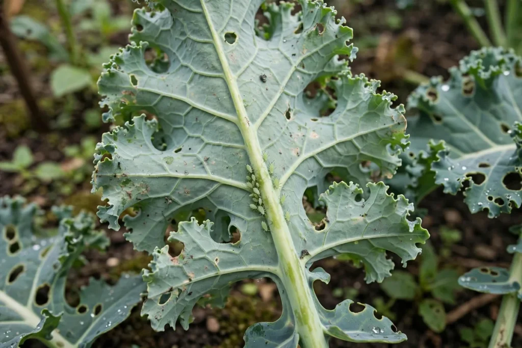 Illustration: Curly blue-green kale leaf with a cluster of small pale-green aphids along the central stem and minor chewing damage
