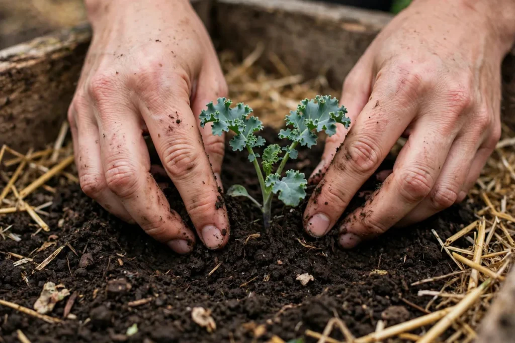 Illustration: Hands pressing soil around a small curly kale seedling planted at soil level in a raised bed
