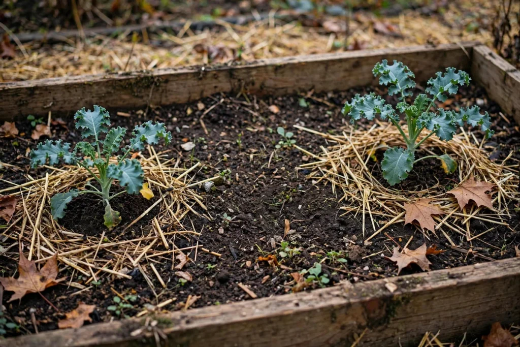 Illustration: Two young curly kale transplants in a straw-mulched raised bed with fallen maple leaves.