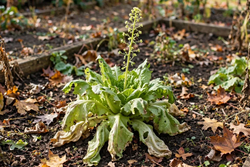 Lettuce plant bolting with an elongated central flower stalk rising from the rosette and wilted lower leaves
