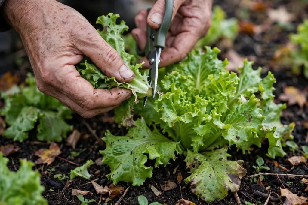 Hands cutting outer leaves from a leaf-lettuce plant with small scissors for cut-and-come-again harvest