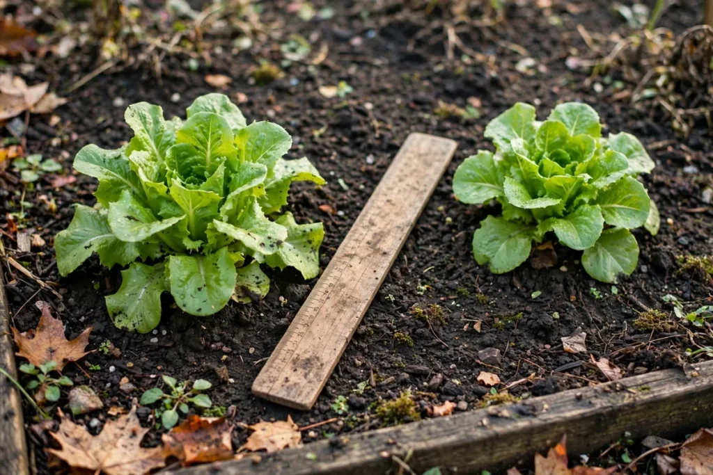 Wooden ruler lying on dark soil between two lettuce rosettes showing plant spacing in a fall bed