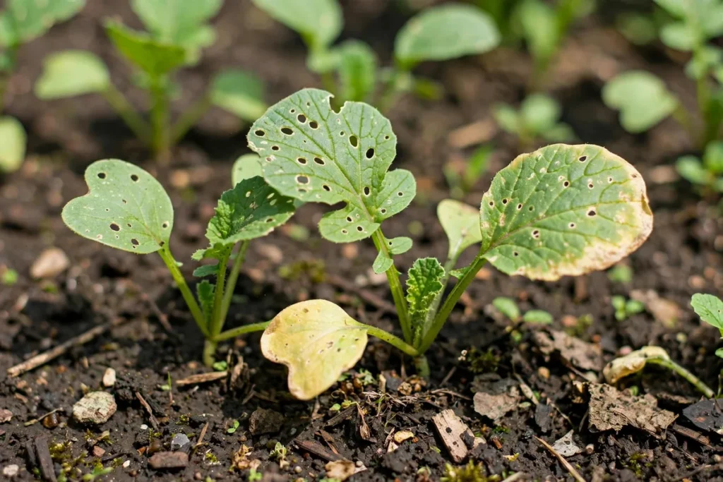 Young radish leaves with small flea-beetle holes and minor yellowing at the edges.