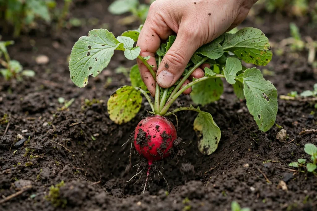 Hand pulling a red radish from dark soil to check its size.