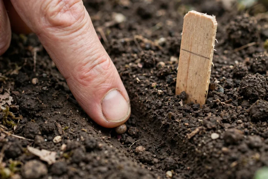 Fingertip pressing a radish seed into a furrow beside a wooden marker with a half-inch depth line.