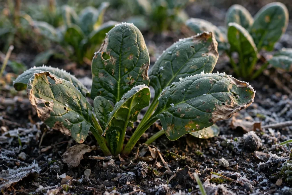 Illustration: Spinach leaves with frost-nipped browned edges and light frost crystals on the soil on a cold fall morning