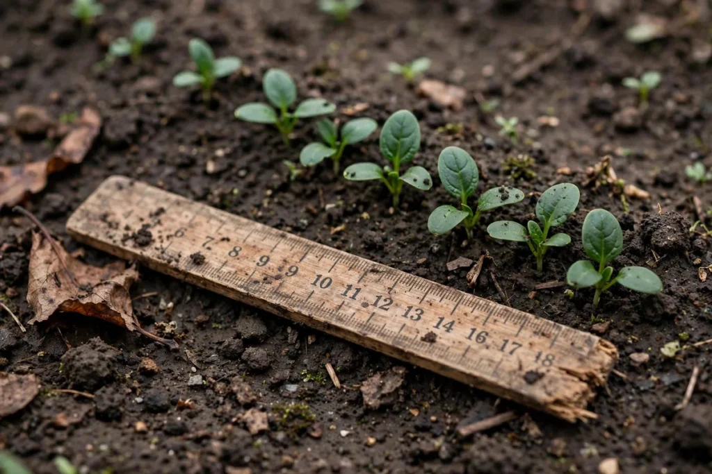 Illustration: Wooden ruler lying in dark soil beside a row of newly sprouted spinach seedlings with small oval leaves