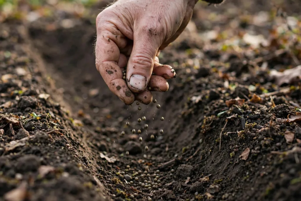 Illustration: Gardener's dirt-covered hand sprinkling small spinach seeds into a shallow furrow in dark garden soil