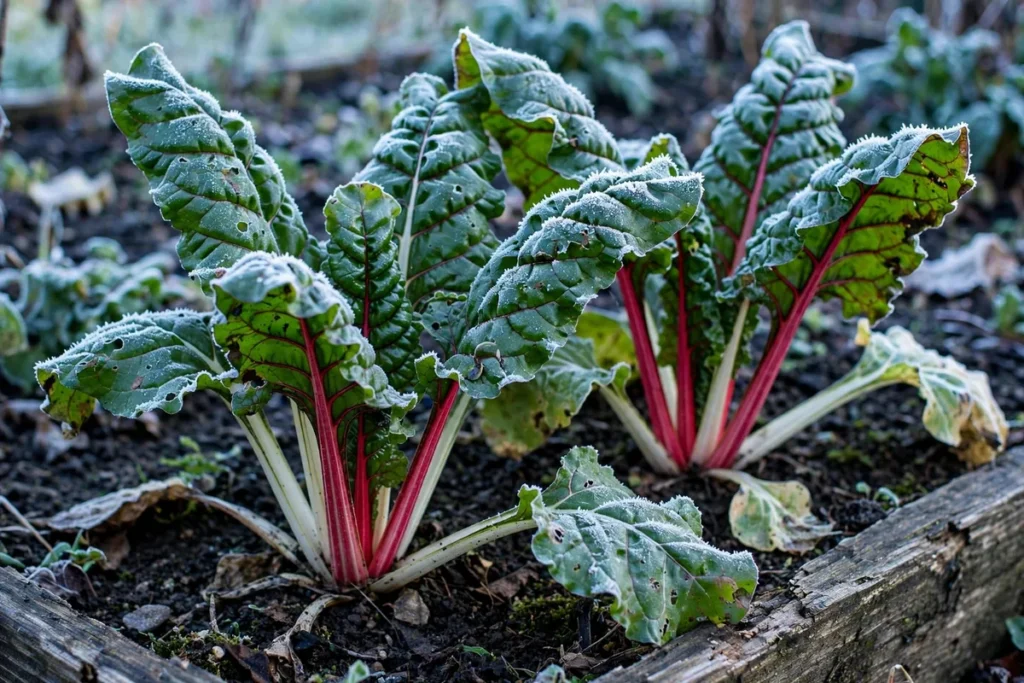 Frost crystals on Swiss chard leaves on a cold fall morning.