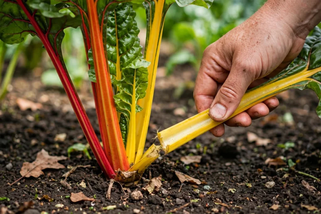 Hand snapping off an outer rainbow chard stalk at the base for cut-and-come-again harvest.