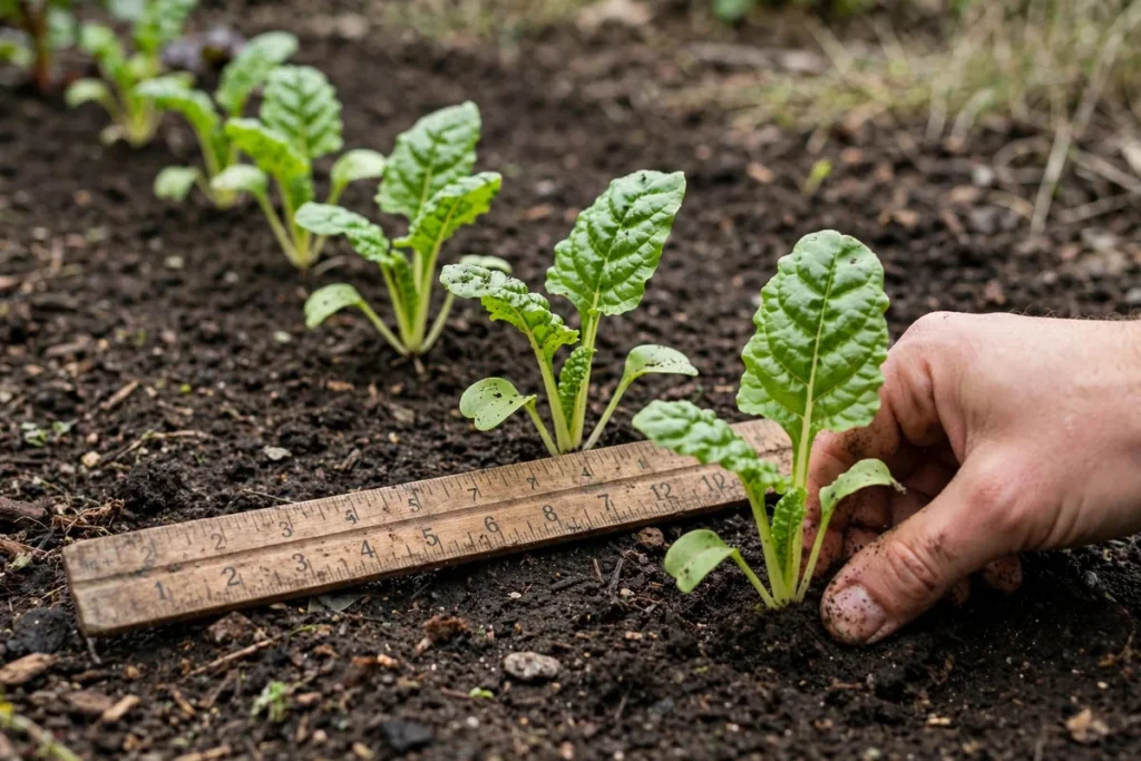 Wooden ruler showing four-to-six-inch spacing between young Swiss chard seedlings.