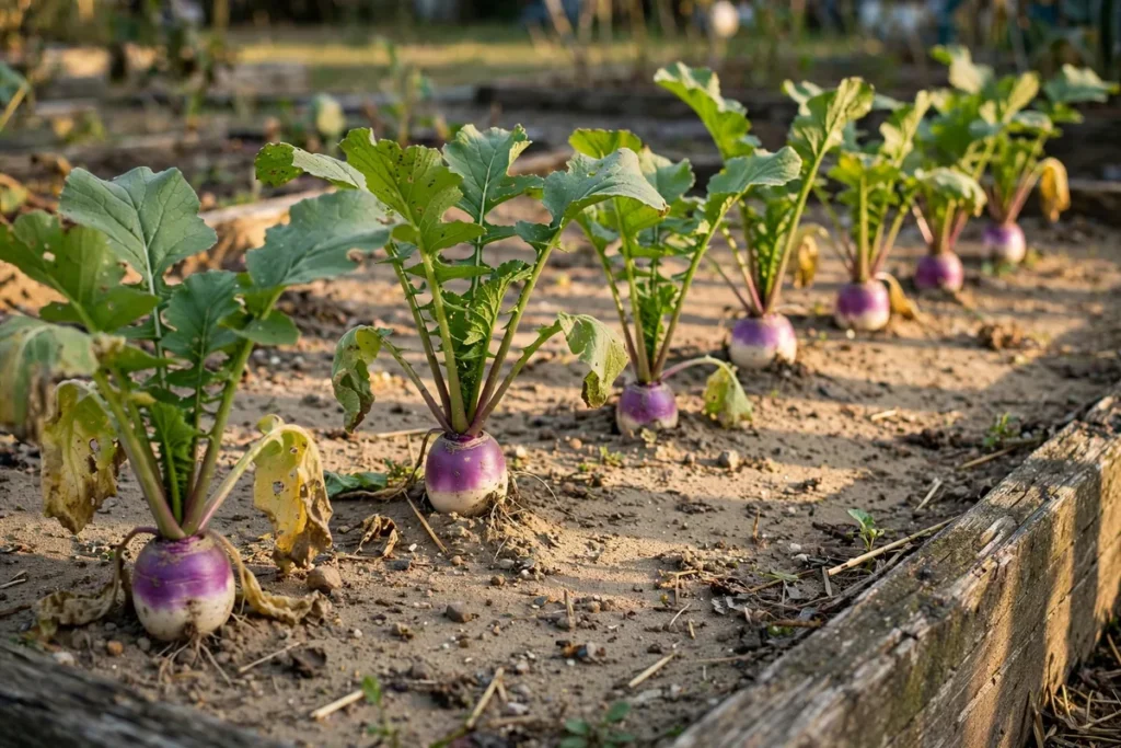 Young turnip row in sandy soil under late-afternoon light with naturally yellowing lower leaves.