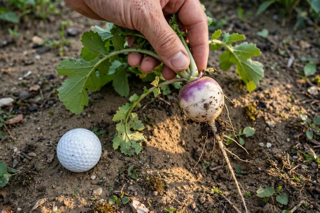 Hand holding a purple-and-white turnip next to a golf ball on sandy soil.