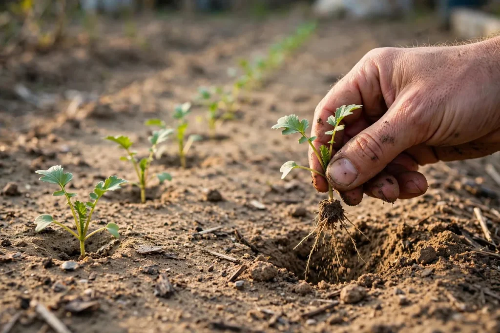 Hand thinning young turnip seedlings in a sandy row.